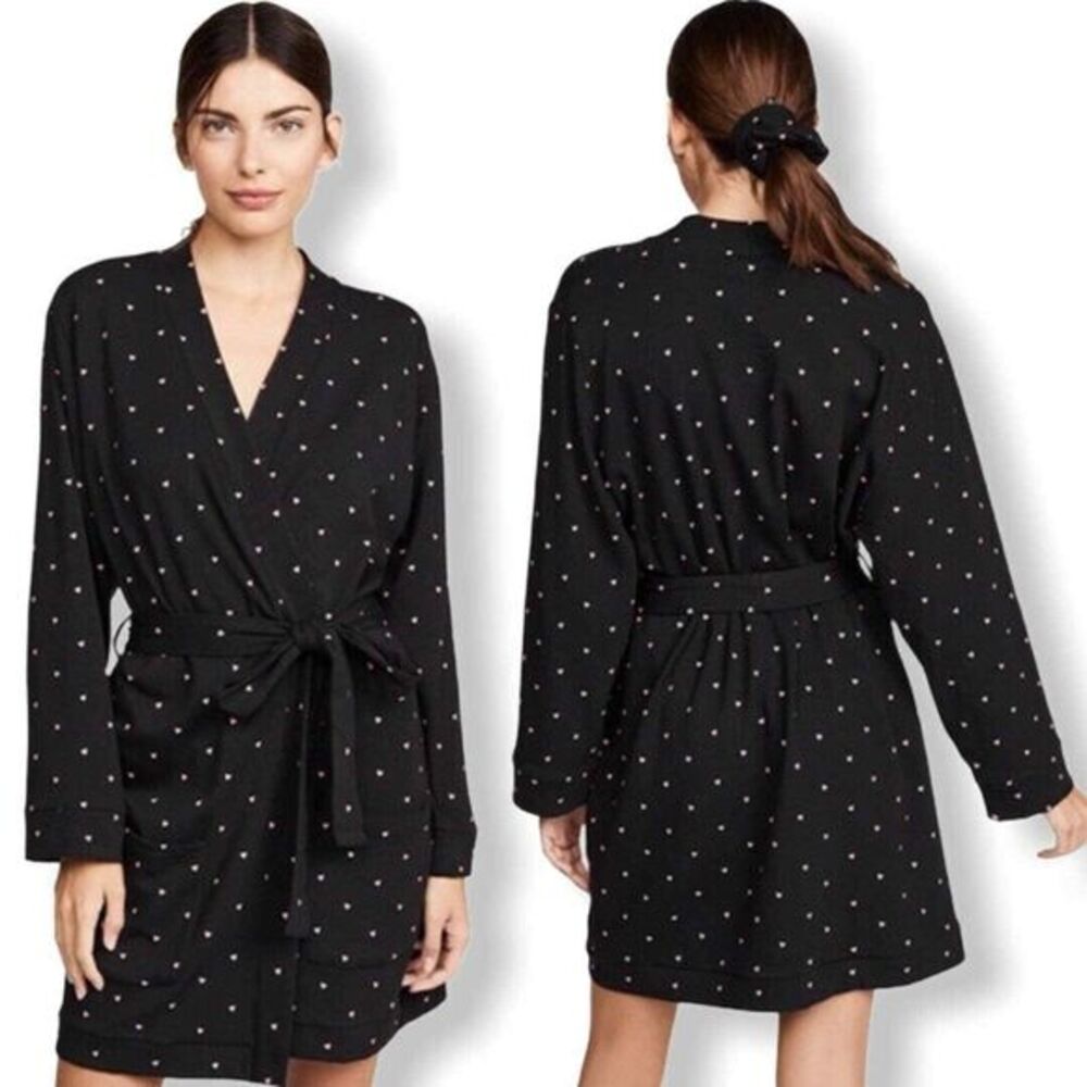 Revolve Plush‎ Black Fleece Lined Robe Heart Print Size Small New